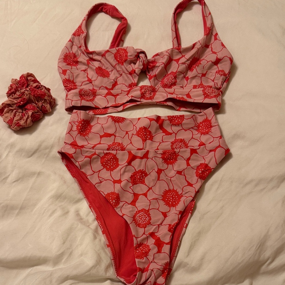 Aerie Red and Pink Floral Bikini Set